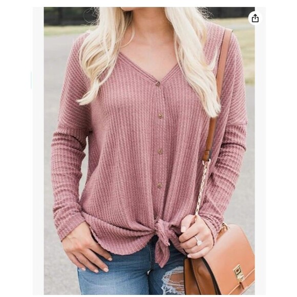 Miholl Waffle Knit V Neck Top Women's Small Rust Red Tie Front Long Sleeve Soft - Picture 1 of 14